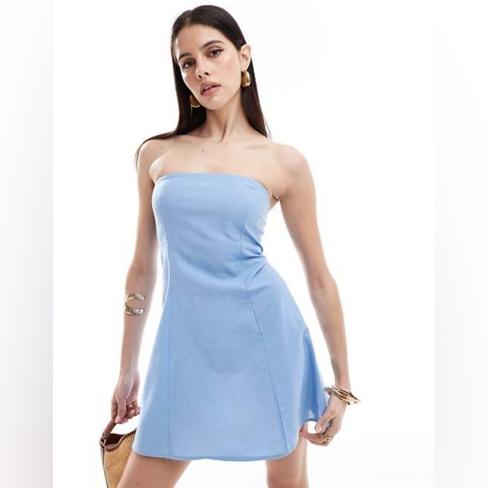 ASOS DESIGN mini linen mix bandeau sundress in blue size‎ 14​​​​​​​​​